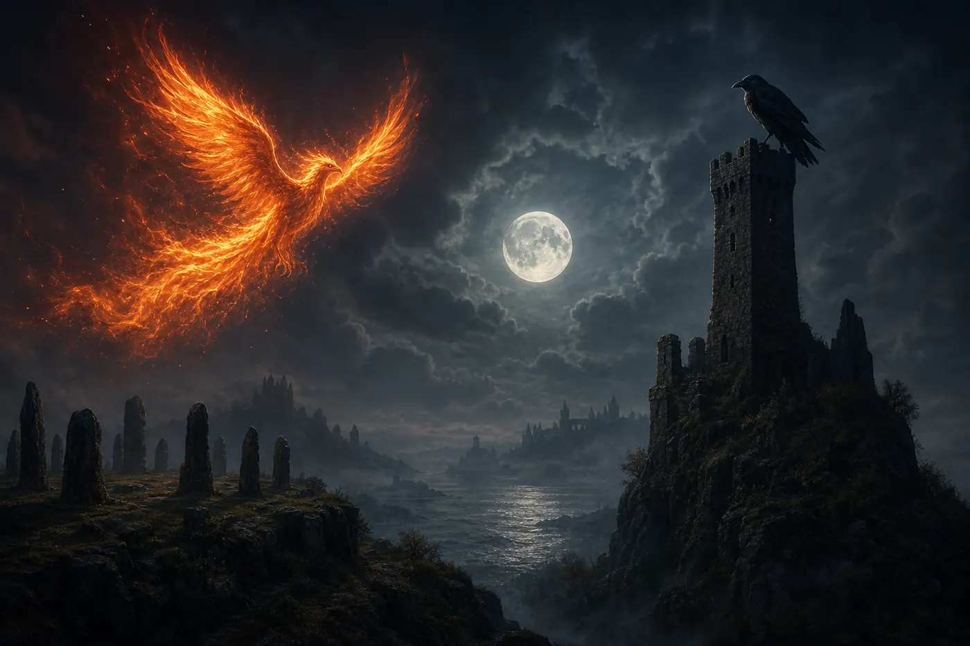 Phoenix and Raven over misty Britain